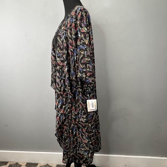 Lularoe Shirley Kimono Cardigan Wrap Duster size L Black Feather Print Sheer NWT - Picture 3 of 7